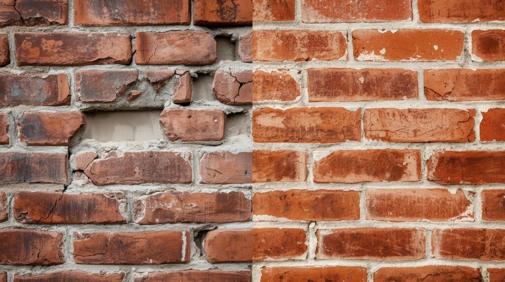 before-and-after comparison of a cracked brick wall